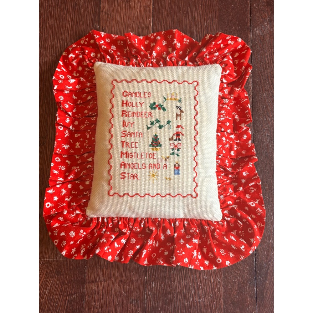 Vintage Handmade Christmas Cross Stitch Ruffled Accent Pillow Red White Holiday